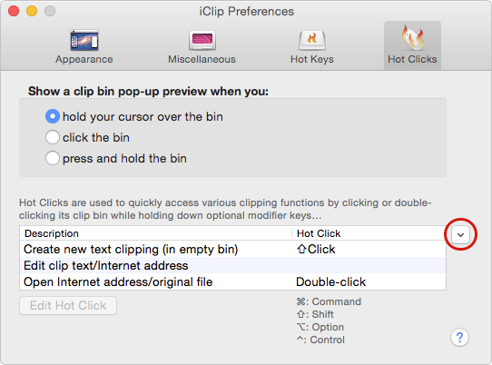 Hot Clicks preferences