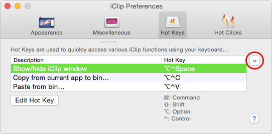 Hot Keys preferences