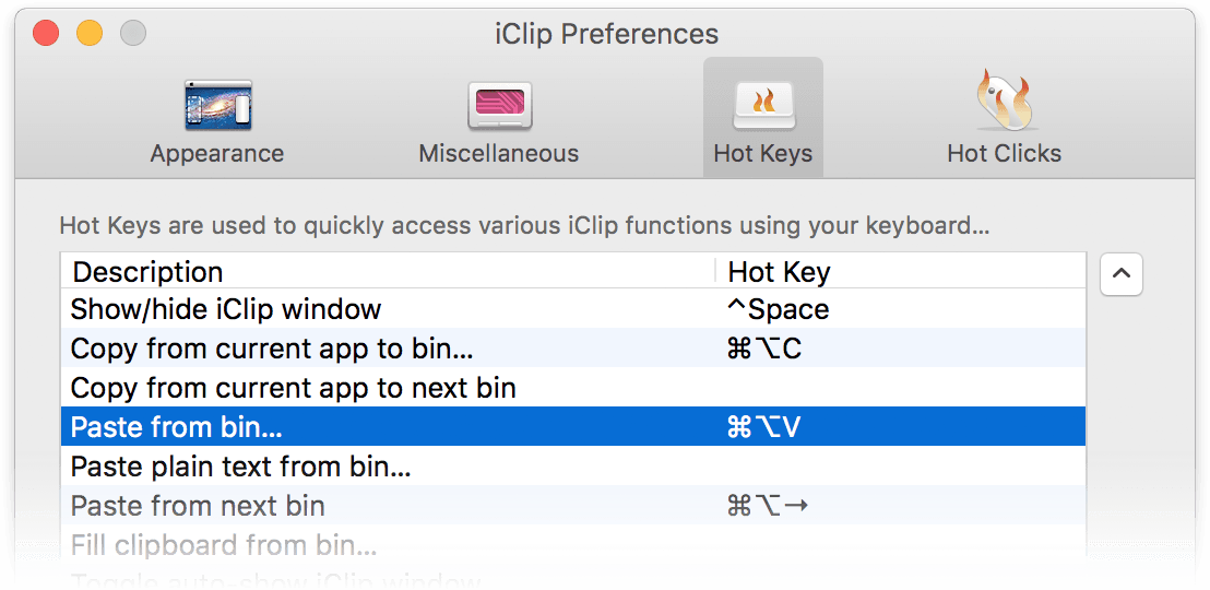 iClip Preferences Window - Hotkeys
